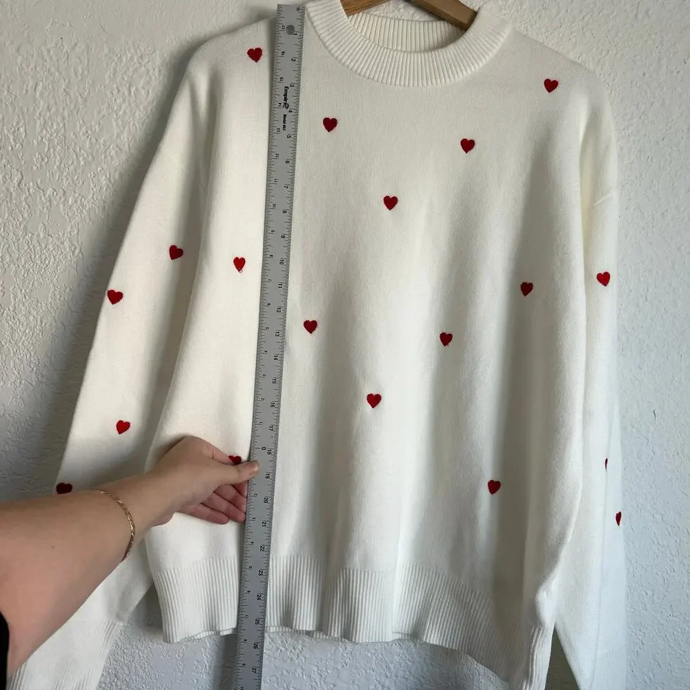 Commense Valentine’s Day Cotton Blend Oversized Embroidered Heart Sweater XS NWT - Picture 4 of 7